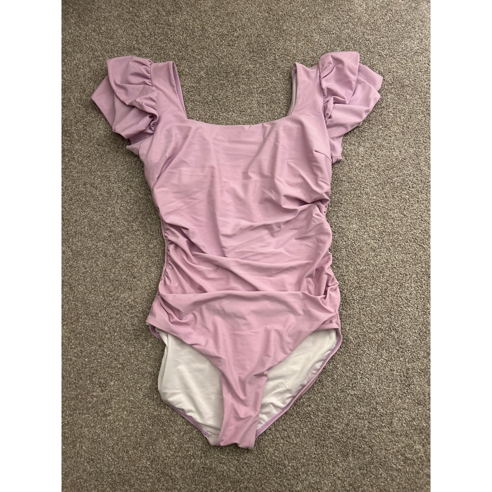 Vintage One Piece Swimsuit Womens Medium Lavender Excellent Ruched Ruffle Cap